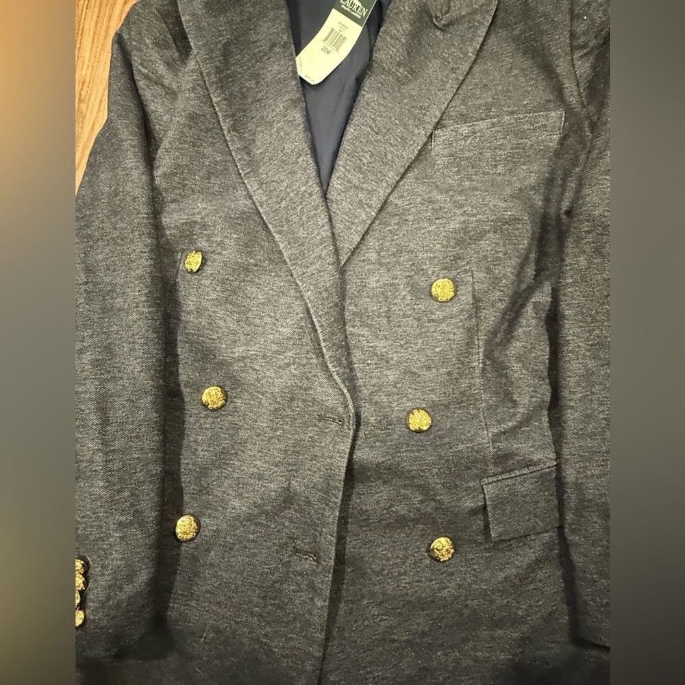 NWT Lauren Ralph Lauren Women's Blue Tweed Double Breasted RL Button Blazer - Picture 2 of 4
